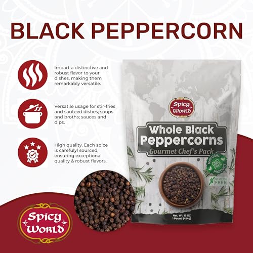 Spicy World Black Peppercorns Whole 1 Pound - As Seen On Tik Tok - Non-GMO, Steam Sterilized Whole Peppercorns for Grinder Refill