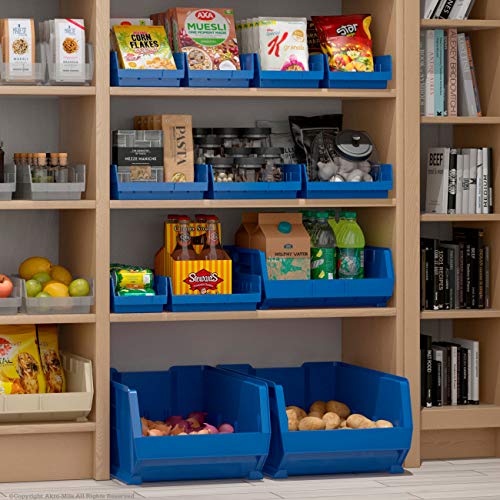 Akro-Mils 30128 Plastic Shelf Bins, Heavy Duty Storage Bins for Garage, Closet, and Drawer Organization, 18-Inch x 4-Inch x 4-Inch, Blue, 12-Pack