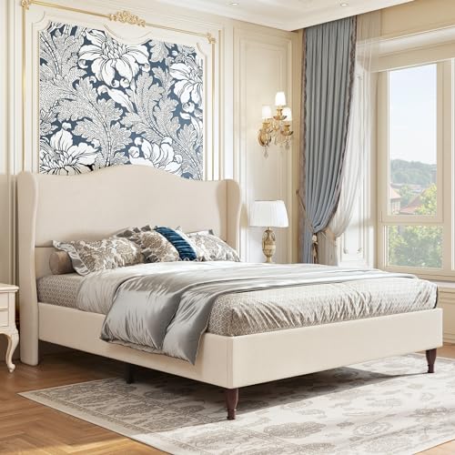 koorlian Full Size Bed Frame Upholstered Platform Bed with 51" Tall Headboard Wingback, Soft Fabric, Retro Simple Style Platform Bed No Box Spring Needed, Easy Assembly, Beige