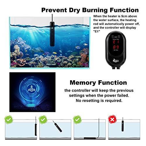 AQQA Submersible Aquarium Heater,100W/200W/300W/500W/800W/1000W/1200W Fish Tank Heater,External Temperature Controller LED Temperature Display,Suitable for Saltwater and Freshwater(100W)