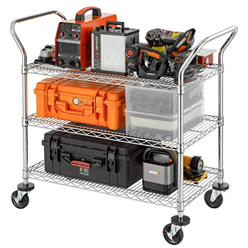 Finnhomy 3-Tier Commercial Grade Rolling Cart, Heavy Duty Utility Cart with Wheels and Handles, Metal Kitchen Carts on Wheels with 500 lbs Capacity, Shelf Size 20" D x 36" W, NSF