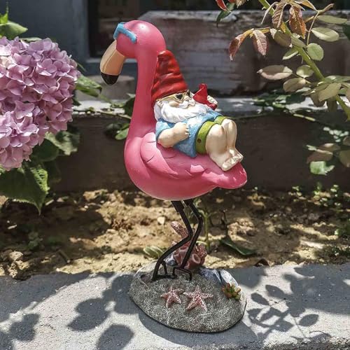 Jy.Cozy Gnome Garden Statue Funny Gnome Reclining on Flamingo Figurines, Resin Garden Gnomes Fall Decorations Outdoor for Patio Yard Lawn Porch, Ornament Gift