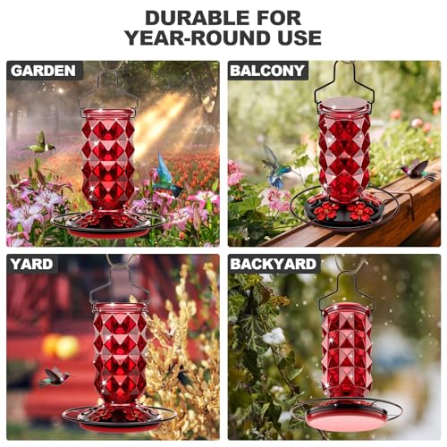 Glass Hummingbird Feeders for Outdoors, 25 Ounces Wild Bird Nectar Feeder with Perch & 5 Flower Feeding Ports Leak Proof Hanging for Garden Backyard Decor, Gifts for Women Mom, Red