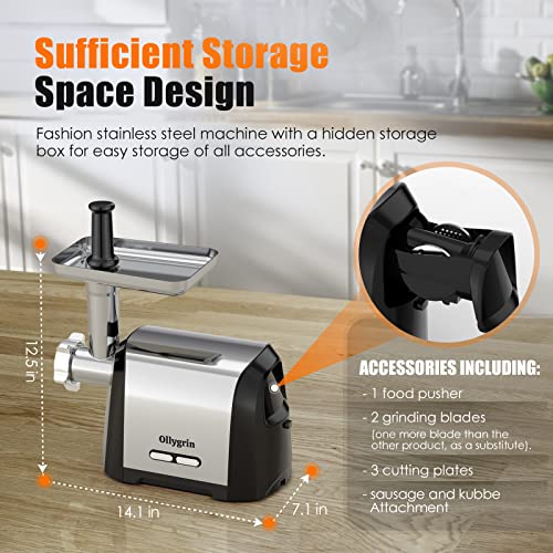 Ollygrin Meat Grinder Electric Stainless Steel, Meat Grinder Electric Sausage Stuffer, Meat Grinder Maker Heavy Duty 2600W Max With 2 Blades, 3 Plates, Sausage Stuffer Tube For Home Kitchen Use