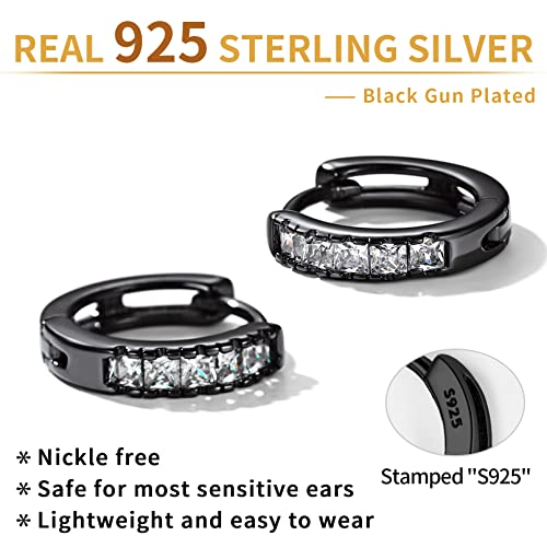 ChicSilver 10MM Small Black Hoop Earrings for Women 925 Sterling Silver White Cubic Zirconia Tiny Huggie Earrings Hypoallergenic Lightweight Hoops Cartilage Earrings