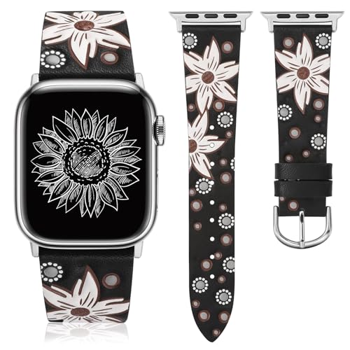 Minyee Leather Band Compatible with Apple Watch Band 38mm 40mm 41mm Women, Dressy Designer Embossed Black Leather Wristband Sunflower Pattern Strap for iWatch Ultra 2, Series 9/8/7/6/5/4/3/2/1/SE