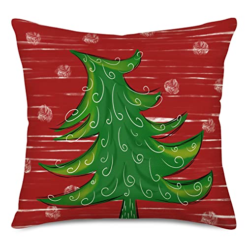 Easternproject Christmas Tree Throw Pillow Covers Green and Red Stripes Xmas Trees Winter Outdoor Snow Decorative Pillow Cases 16x16 Inch New Year Farmhouse Decorations Cushion Cover Couch