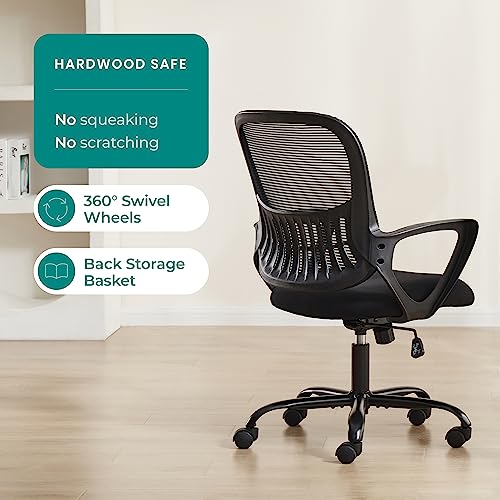 SMUG Home Office Computer Gaming Desk Chair, Ergonomic Mid-Back Mesh Rolling Work Swivel Task Chairs with Wheels, Comfortable Lumbar Support, Comfy Arms for Bedroom, Study, Student, Adults, Black