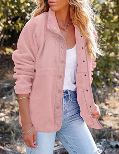 ZESICA Women's Fall Winter Sherpa Fleece Jacket Casual Long Sleeve Button Down Fuzzy Shacket Outerwear Coat,Apricot,Small
