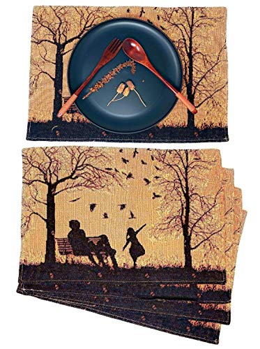 DaDa Bedding Set of 4-Pieces Magical Golden Reindeer Tapestry Placemats - Starry Winter Snowflake Festive Merry Christmas Holiday Yellow & Black - Needle Stitched Woven Table Mats - 13” x 19”