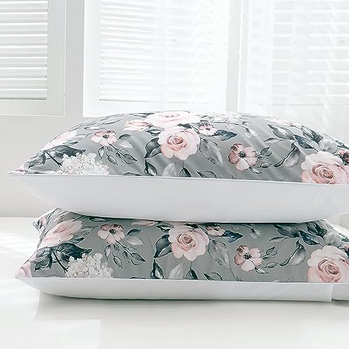 TOPTREE Rose Floral Duvet Cover Full - Aesthetic Garden Pink Floral Bedding Set Modern Trendy Flower Bed Set with Botanical Leaf for Women Aldult(Grey, Full)
