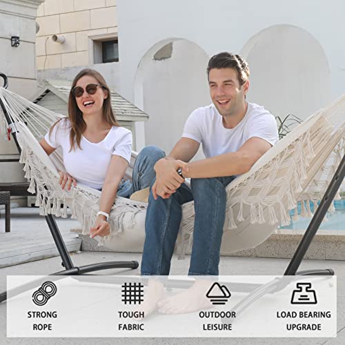 SXSEAGLE Double Hammock with Stand Upgraded Phone Holder Portable Heavy Duty Stainless Steel Indoor Outdoor Patio Yard Beach with Carrying Case (2022 Beige)