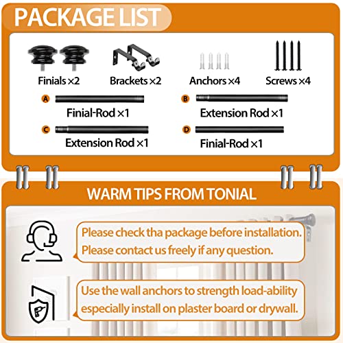 TONIAL Black Curtain Rods for Windows 28 to 48 Inches, Telescoping Splicing 3/4 Curtain Rod 32 to 43 Inch(2.6 to 3.6 ft), Decorative Single Drapery Rod with Small Finial