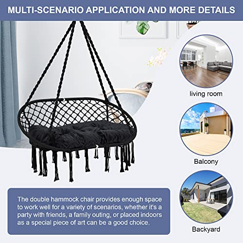 Homgava Hammock Chair Macrame Hanging Swing with Cushion,Hanging Cotton Ropes, Metal Frame, 450 lbs Capacity Indoor Outdoor, Patio, Balcony, Living,Deck, Yard, Garden(Double Swing)