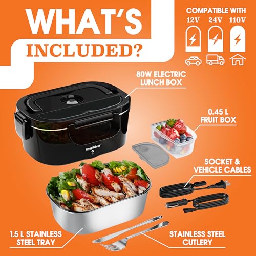 TRAVELISIMO Electric Lunch Box for Adults, 80W Heated Lunch Box 1.5L Stainless Steel Electric Food Warmers, 12/24/110V Portable Food Warmer for Travel & Work, Loncheras para Hombres de Trabajo