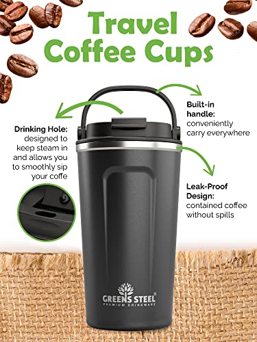 Greens Steel Insulated Coffee Mug Reusable – 350 ml, Black I Thermos Cup with Handle Lid I Stainless Steel Hot Cold Drinks Waterproof Tea Coffee Ice Drink