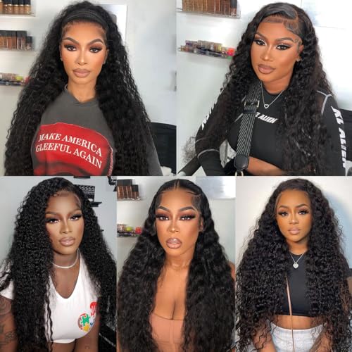 HIGUM 13x4 Deep Wave Lace Front Wigs Human Hair HD Transparent Deep Curly Lace Front Wigs Human Hair 180% Density Frontal Glueless Wigs for Women Human Hair Pre Plucked with Baby Hair (24 Inch)
