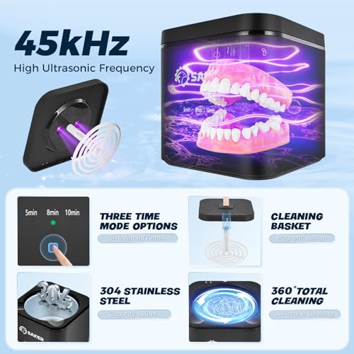 Saker Ultrasonic Cleaner for Dentures and Retainer 45Khz 180ML Portable Ultrasonic Jewelry Cleaner for Ring, Aligner, Mouth Guard, Toothbrush Head Home and Travel Black