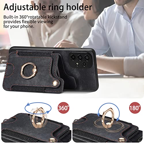 Asuwish Phone Case for Samsung Galaxy A23 5G/4G Wallet Cover with Tempered Glass Screen Protector and Wrist Strap Lanyard RFID Credit Card Holder Ring Stand Cell Accessories A 23 23A 6.6 Women Black