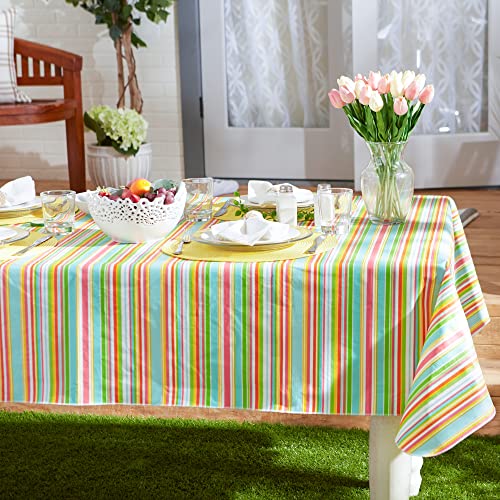 DII Vinyl Tabletop Collection Indoor/Outdoor Spill-Proof Flannel Backed Tablecloth, Rectangle, 60x102, Spring Stripe