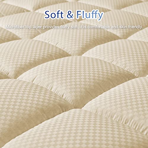 MATBEBY Bedding Quilted Fitted Twin Mattress Pad Cooling Breathable Fluffy Soft Mattress Pad Stretches up to 21 Inch Deep, Twin Size, Beige, Mattress Topper Mattress Protector