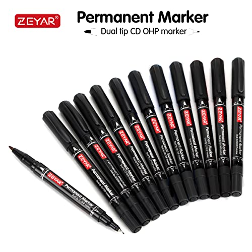 ZEYAR Twin Tip Permanent Markers, CD/DVD Markers, 4 Color, Ultra Fine Point and Fine Point for Signature and Marking (12 Black Color)
