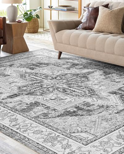 WITSHOCK Boho Area Rugs Machine Washable for Living Room Bedroom, Large 5x7 Vintage Non-Slip Stain Resistant Floor Carpet Indoor for Kitchen Dining Room Office Home Decor, Brown-Lvory