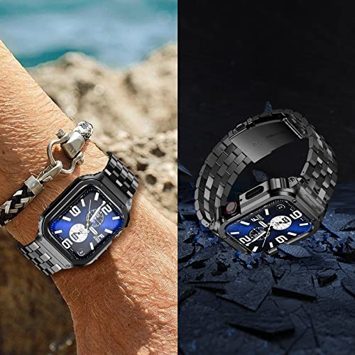 SUPLINK Stainless Steel Case and Band Compatible with Apple Watch Bands 38mm 40mm 41mm,Metal Rugged Cover Bumper Strap for iWatch Apple Watch Series 9 8 7 6 5 4 3 2 1 SE Men Women Black