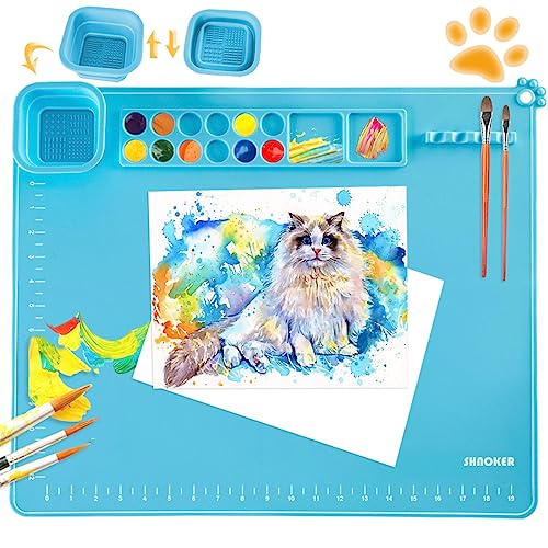 SHNOKER Silicone Craft Mat 21.7"x17.7" Super Large Silicone Painting Mat with 1 Magnetic Cup and Color Palette for Kids and Artist (Blue)