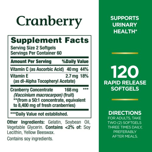 Nature's Bounty Cranberry, Herbal Health Supplement with Vitamin C, Supports Urinary Health, 4200mg, 120 Softgels