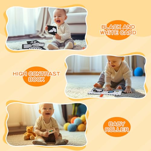 Early Learning Toy for 0-6 Months, Montessori Baby Toys 6 in 1 Learning Educational Set - Object Permanence Box, Baby Roller, Spinning Drum, Black and White High Contrast Baby Toys, Tummy Time Mirror