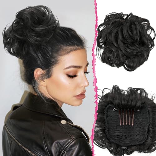 UAmy hair Bun Hairpiece Black Brown Hair Fully Short Drawstring Ponytail Bun with Comb Clip Synthtic Chignon Updo Hair Bun for Women Daily Party Use