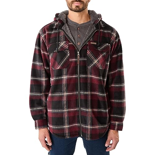 Smith's Workwear Men's Sherpa-Lined Zip-Front Hooded Microfleece Shirt-Jacket, Burgundy-469