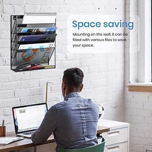 TreeLen Mesh Hanging Wall File Organizer 6 Tier Vertical Mount, Durable Wall File Holder with Bottom Flat Tray for Office Home, Black