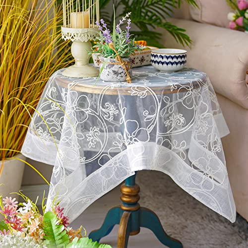 ARTABLE White Wedding Lace Tablecloth Organza Hem Small Square Rectangle Vintage Hallowed Embroidery Tablecloths for Home Outdoor Party Fall Table Decorations (White, 33 x 33 Inch)