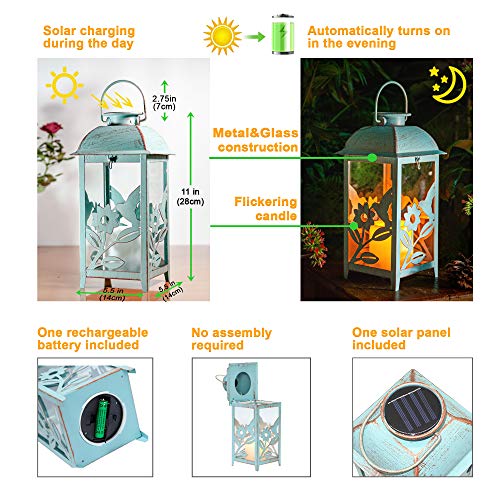 Solar Lantern Outdoor Hummingbird Blue Decor Antique Metal and Glass Construction Mission Solar Garden Lantern Indoor and Outdoor Solar Hanging Lantern Entirely Solar Powered Lantern Low Maintenance