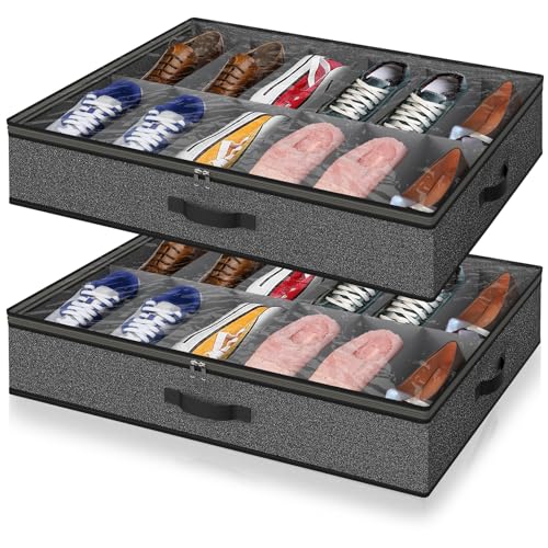 2 Pack Under Bed Shoe Storage Organizer for Closet, Fits Total 24 Pairs Foldable Underbed Shoes Containers Boxes Under the Bed Storage Bedding with Sturdy Handles&Clear Window for College Dorms, Grey