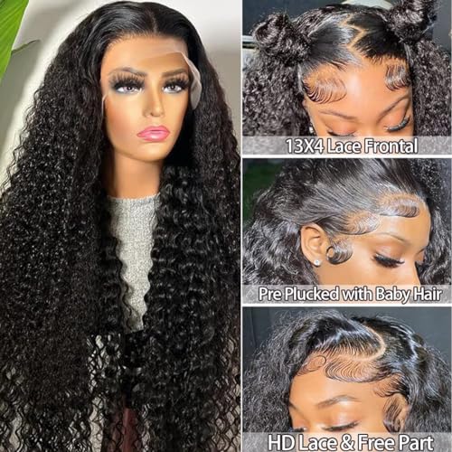Honxixi Deep Wave Lace Front Wigs Human Hair HD 13x4 Transparent Glueless Deep Curly Lace Frontal Wigs for Women Human Hair Pre Plucked with Baby Hair 180% Density Natural Color (20 inch)