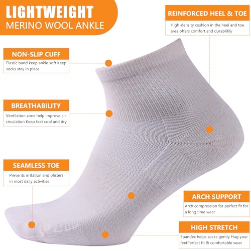 RZTT Merino Wool Socks for Men Athletic Low Cut Socks for Women 9-11 with Arch Support Breathable Soft Wool Ankle Socks,3 Pairs,Large,Brown