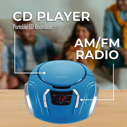 PROSCAN ELITE Portable CD Player Boombox with AM/FM Radio + Built in Speakers + Aux Input to Phone/Headphones/Any Audio - CD Players for Home Using AC Adapter or C Batteries