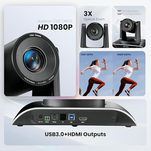TONGVEO All-in-One Conference Room Video Camera System Bundle HD 1080P 60fps 3X Optical Zoom USB3.0 HDMI PTZ Camera and Bluetooth Conference Speakerphone with Microphones