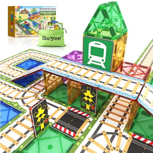 56PCS Magnetic Tiles Railroad Toppers Kids Toys Add-on Train Track Playset Playing with Trains Cars Preschool Learning Activities STEM Toys for Age 5-7