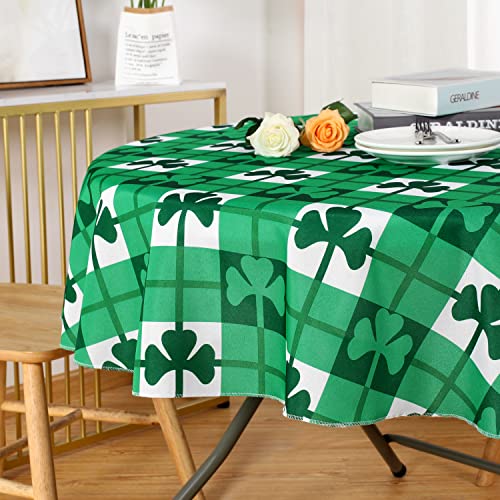 SARAFLORA St Patrick's Day Checkered Fabric Round Table Cloth-60 Inch-Polyester Shamrock Pattern Tablecloth, Table Cover Protector for Party, Banquet, Dinner Decoration Use, Green & White