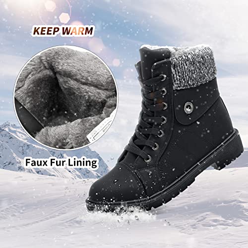 FRACORA Women's PU Leather Combat Boots Warm Fur Lined Black Ankle Booties Side Zipper White Boots Non-slip Waterproof Winter Boots(Black.US6)