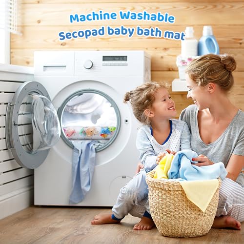 Secopad Baby Bath Mat for Tub for Kids, 40 X 16 Inch Non Slip Cartoon Bath Tub Shower Mat Anti Slip with Drain Holes and Suction Cups Machine Washable, 26 Alphabet and Animals