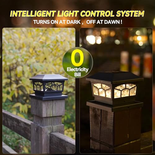 Solar Lights For Fence Post Cap Outdoor Deck Lights Solar Powered Waterproof 8 LEDs for 4x4/6x6 Wooden/Vinyl Posts Two Light Modes Warm/Cool White Decor for Garden Deck Patio. (Black, set of 2)