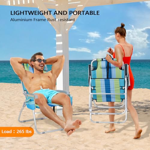 VINGLI Backpack Beach Chair 2 Pack, with 5-Position, Cup Holders, Cooler Bag, Towel Bar, Lightweight Folding Beach Camping Chairs for Adults(Blue-13)