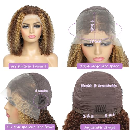 ZANPAL 4/27 Highlight Lace Front Wig Human Hair 18 Inch Honey Blonde Curly Human Hair Wig 180 Density 13x4 Hd Transparent Frontal Wig Ombre Deep Curly Wig For Black Women Pre Plucked With Baby Hair