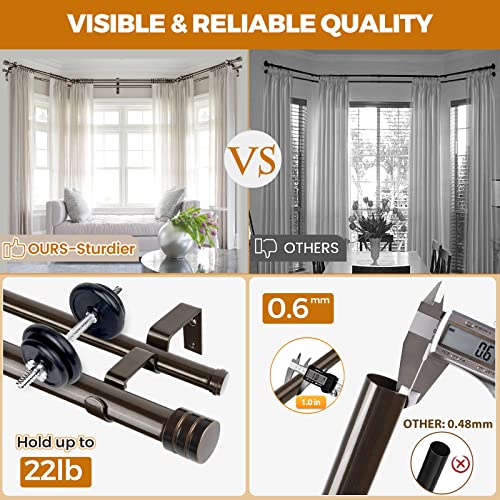 HOTOZON 1 Inch Heavy Duty Double Bay Window Curtain Rods,36-72 Inch Center Rod for Window (24 to 68 Inch), 20-36 Inch Side Rods for windows (16-32 Inch), Antique Bronze, End Cap Finials