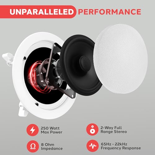 Pyle 6.5” 70v Ceiling Mount Speakers-Pair of 2-Way Midbass Woofer Speaker Transformer 1” Titanium Dome Tweeter Wall Flush Design w/ 65Hz-22kHz Frequency Response&250 Watts Peak-Pyle PDIC60T,White
